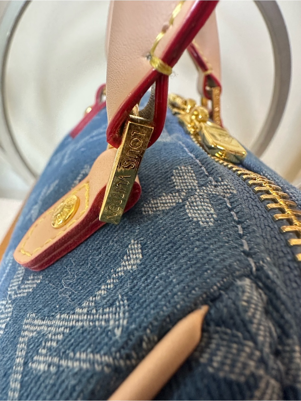 Lux inspired Nano Speedy bag is blue monogram denim. - Picture 13 of 16